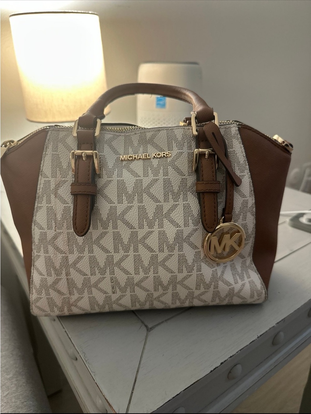 Michael Kors Cream Logo and Brown Leather Satchel